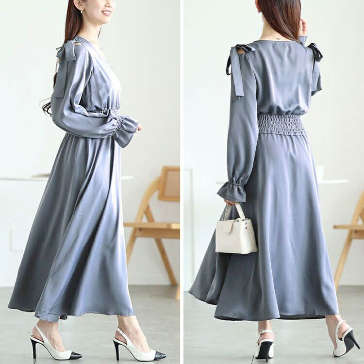 大きいサイズ レディース リボンオープンショルダーワンピース　fem-600