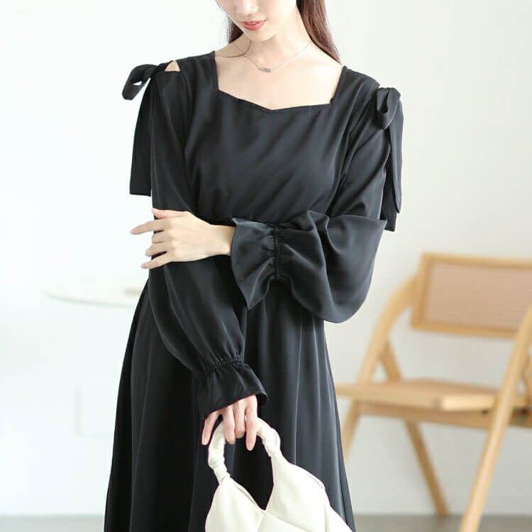 大きいサイズ レディース リボンオープンショルダーワンピース fem-600