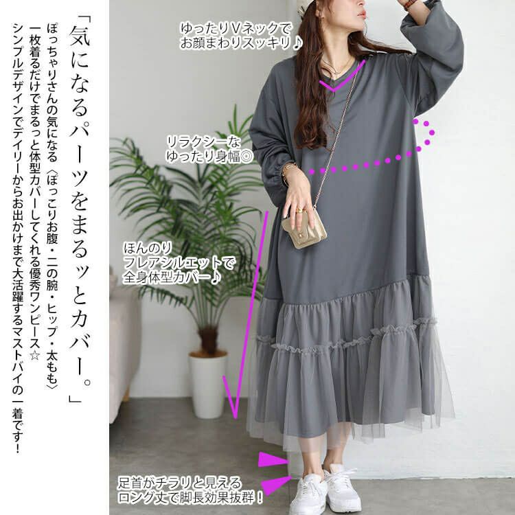大きいサイズ レディース ティアードチュール切り替えワンピース　fem-599