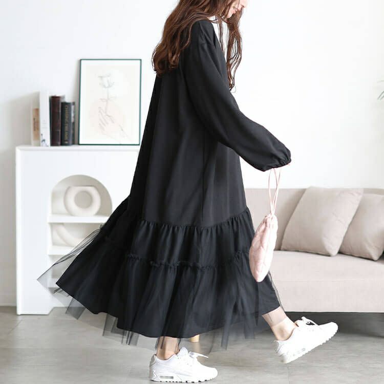 大きいサイズ レディース ティアードチュール切り替えワンピース　fem-599