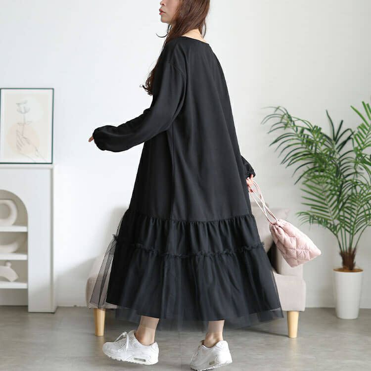 大きいサイズ レディース ティアードチュール切り替えワンピース　fem-599