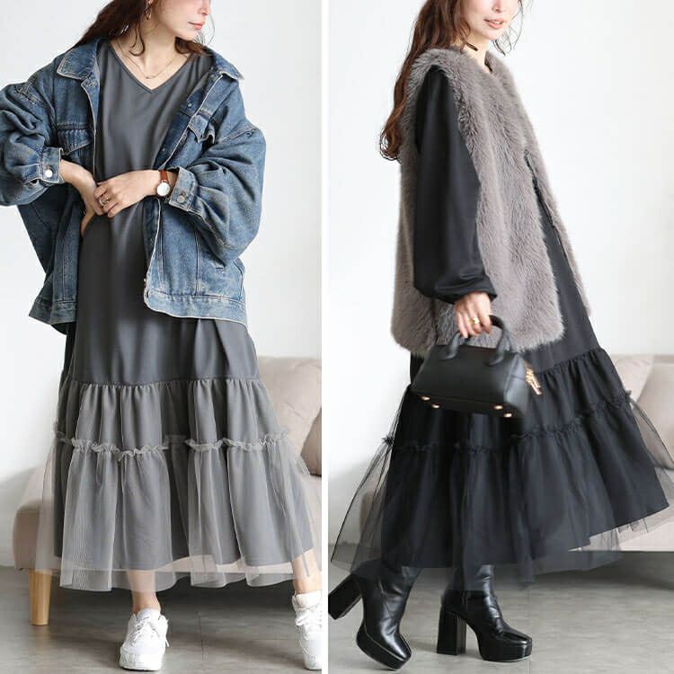 大きいサイズ レディース ティアードチュール切り替えワンピース　fem-599