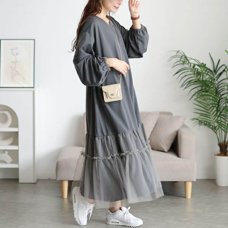 大きいサイズ レディース ティアードチュール切り替えワンピース　fem-599