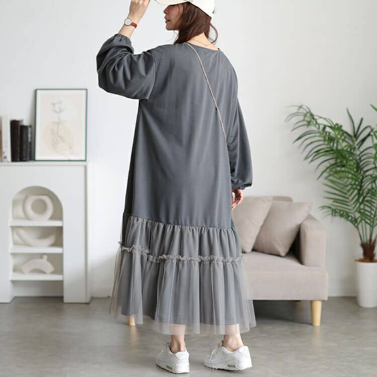 大きいサイズ レディース ティアードチュール切り替えワンピース　fem-599