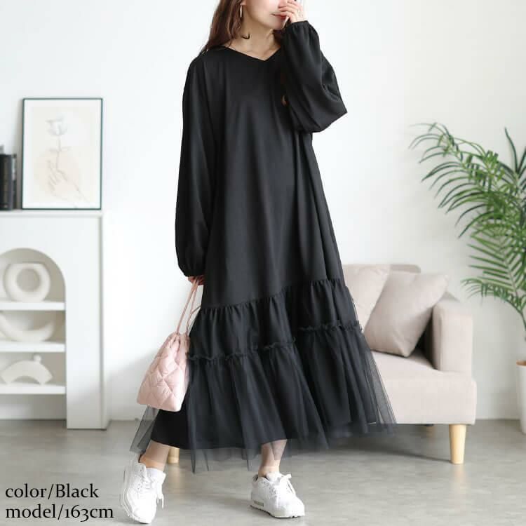 大きいサイズ レディース ティアードチュール切り替えワンピース　fem-599 ブラック