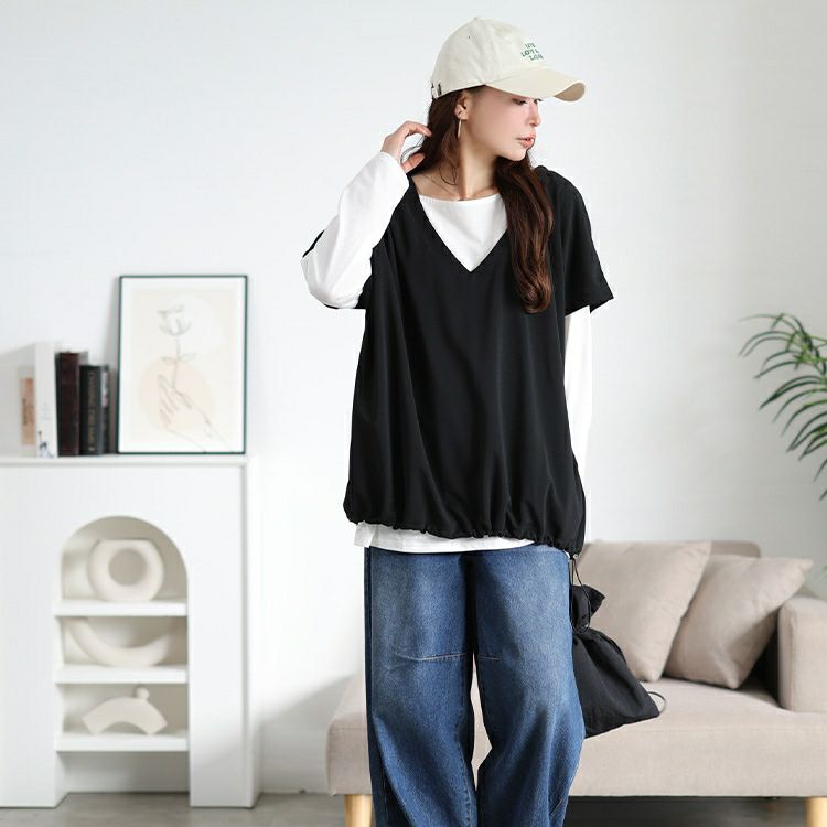 大きいサイズ レディース 裾ドロストベスト＆ロンT2点セット　bai-0196