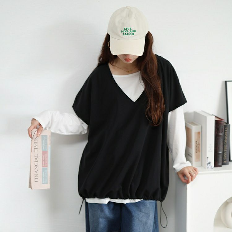 大きいサイズ レディース 裾ドロストベスト＆ロンT2点セット　bai-0196