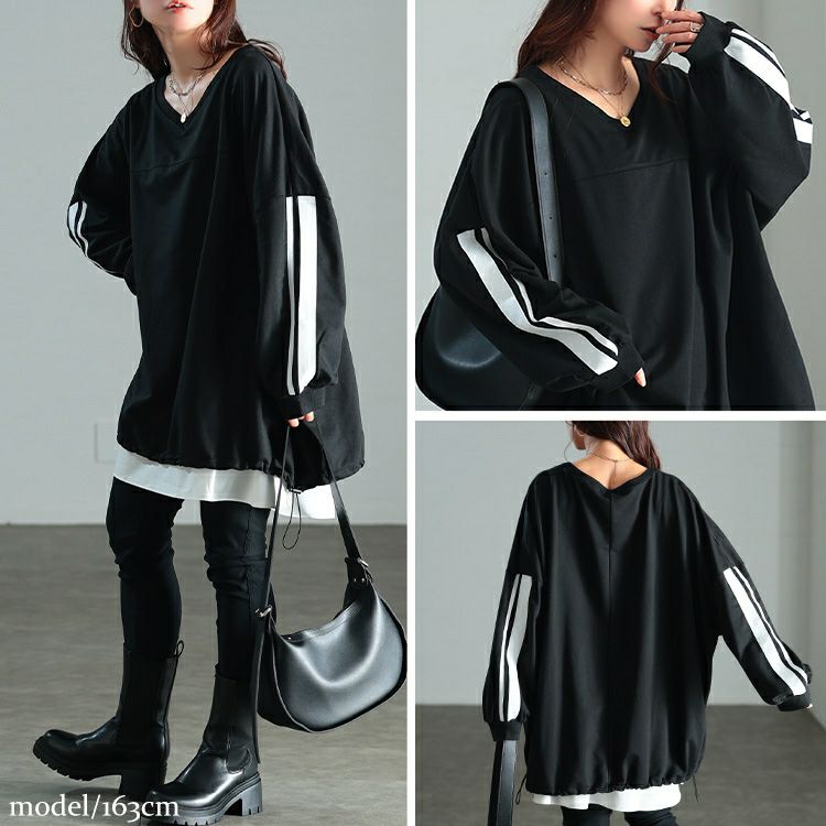 大きいサイズ レディース 裾ドロスト配色ラインチュニック　bai-0195