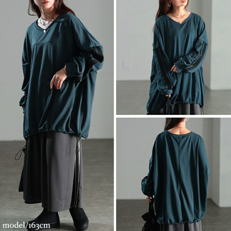 大きいサイズ レディース 裾ドロスト配色ラインチュニック　bai-0195