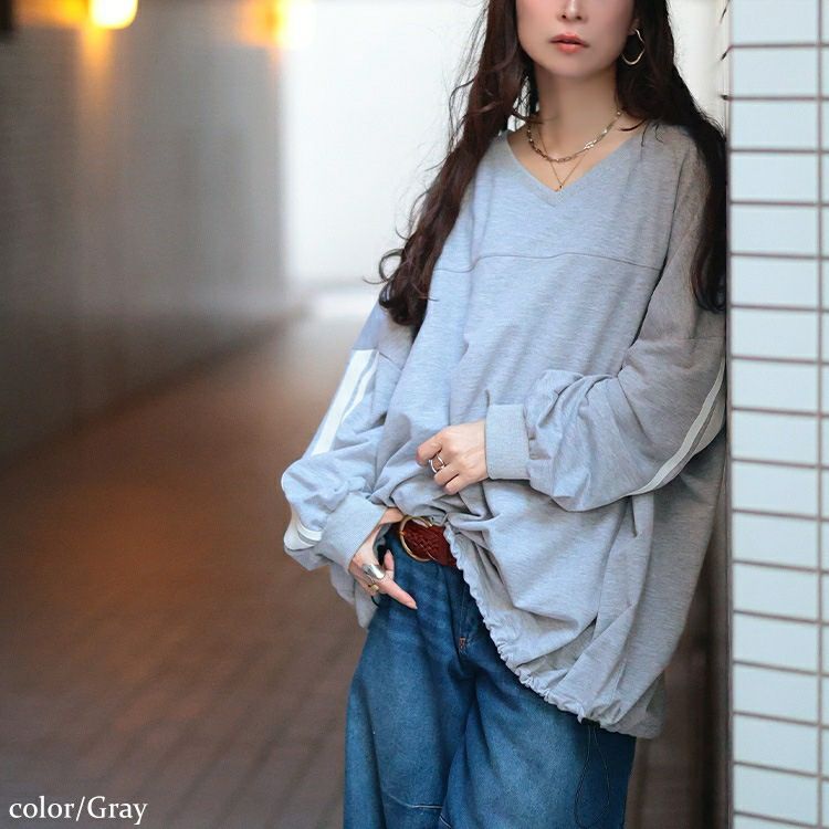 大きいサイズ レディース 裾ドロスト配色ラインチュニック　bai-0195