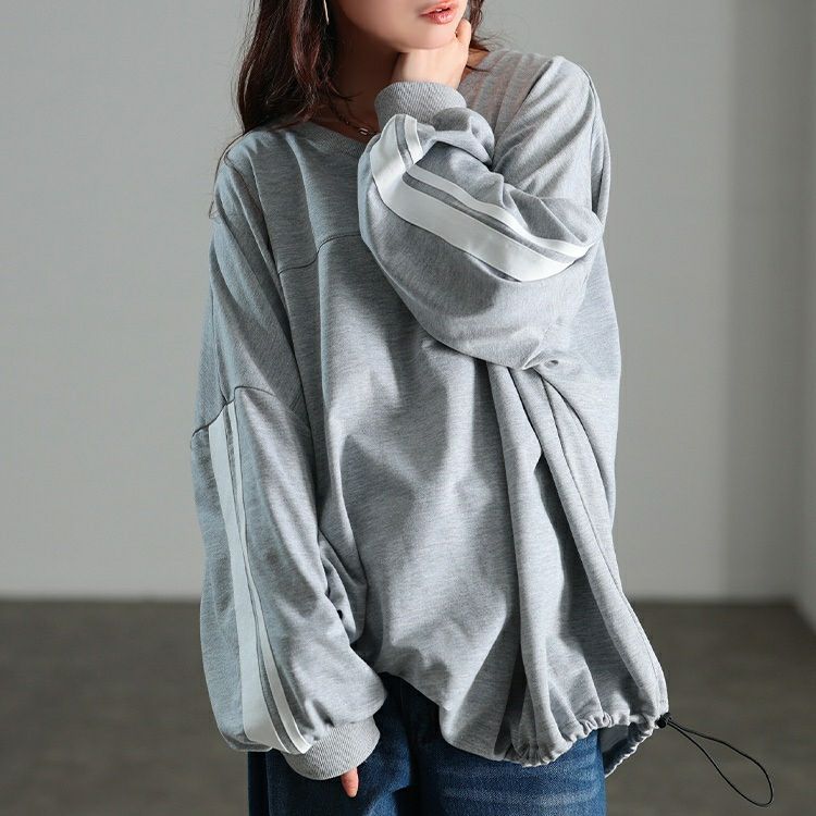 大きいサイズ レディース 裾ドロスト配色ラインチュニック　bai-0195