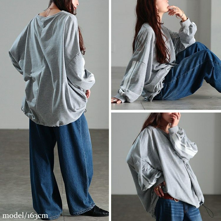 大きいサイズ レディース 裾ドロスト配色ラインチュニック　bai-0195