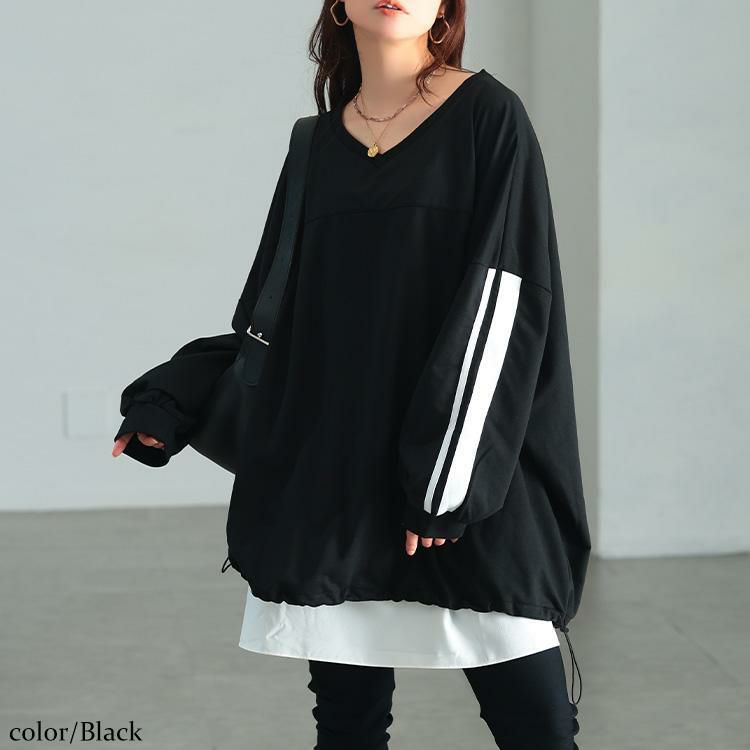 大きいサイズ レディース 裾ドロスト配色ラインチュニック　bai-0195 ブラック