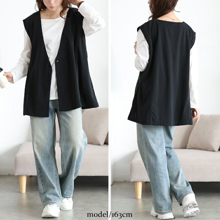 大きいサイズ レディース 深Vネック変形ジレ＆ロンT2点セット　bai-0194