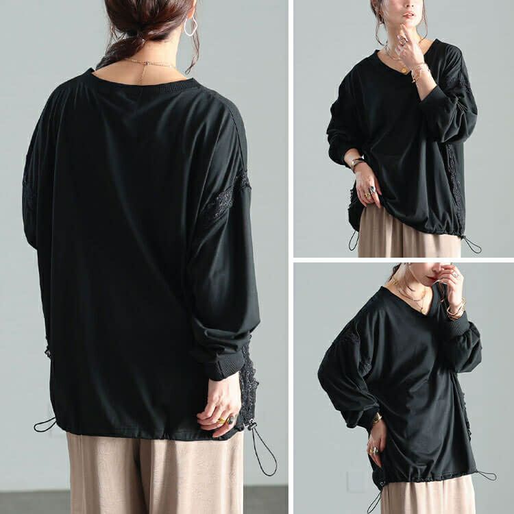 大きいサイズ レディース レースデザイン裾ドロストプルオーバー　bai-0192