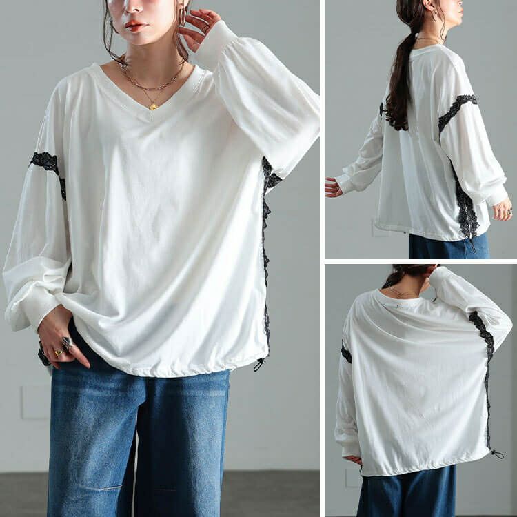 大きいサイズ レディース レースデザイン裾ドロストプルオーバー　bai-0192