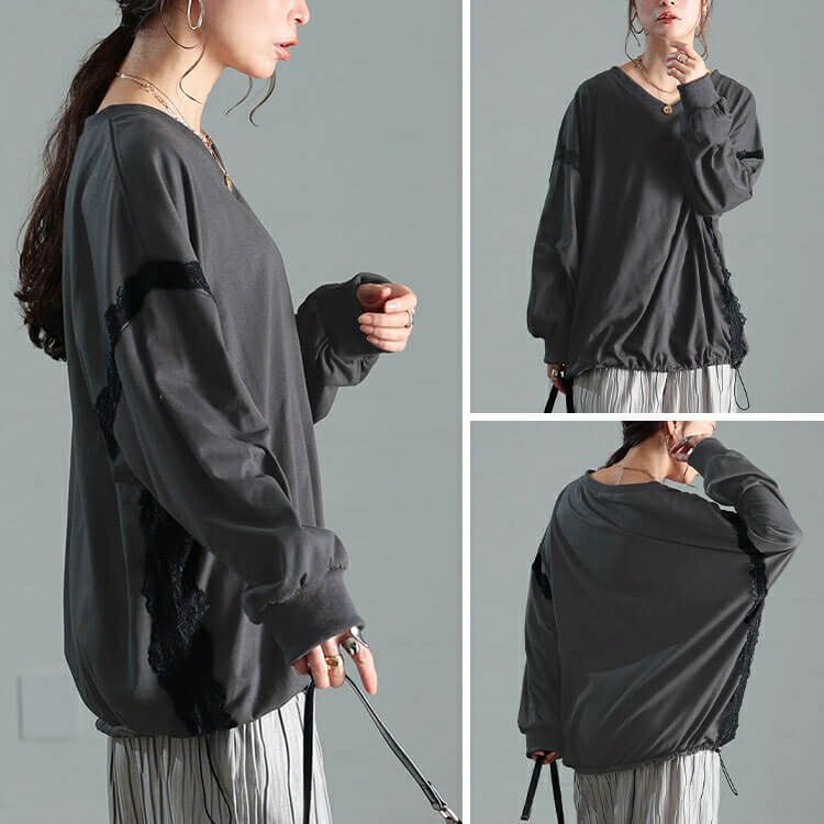 大きいサイズ レディース レースデザイン裾ドロストプルオーバー　bai-0192