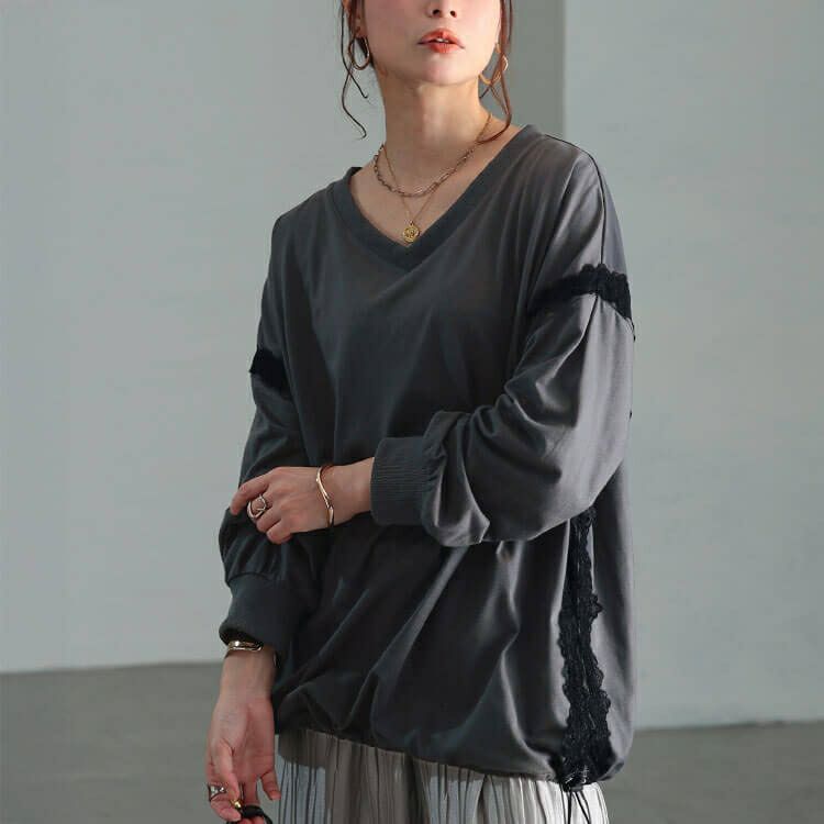 大きいサイズ レディース レースデザイン裾ドロストプルオーバー　bai-0192