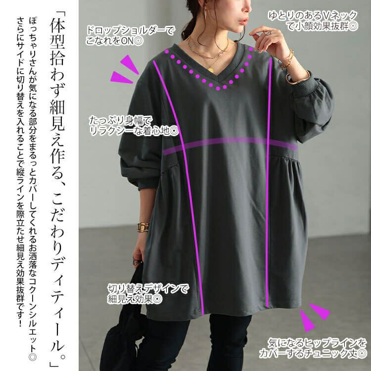 大きいサイズ レディース 脇ギャザー切り替えコクーンチュニック　bai-0191