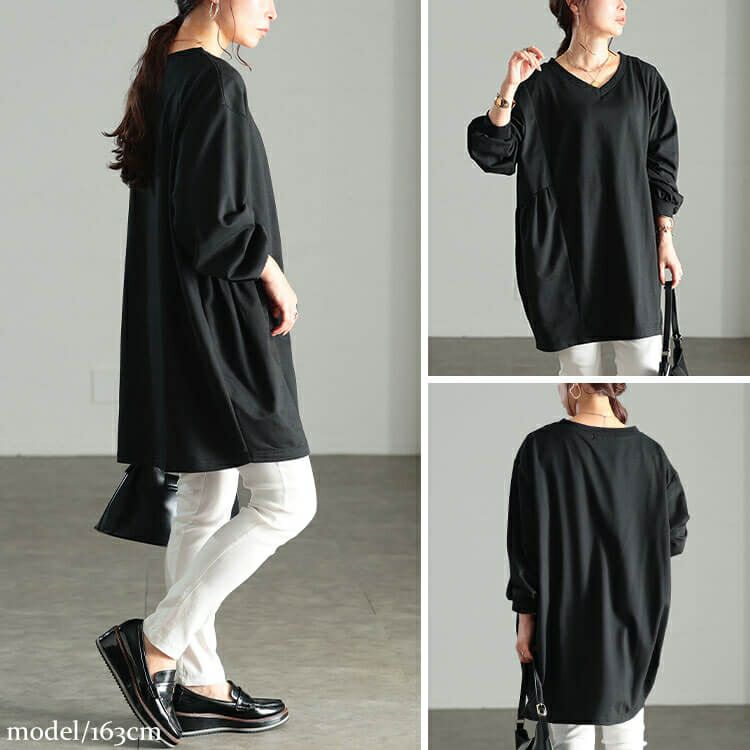 大きいサイズ レディース 脇ギャザー切り替えコクーンチュニック　bai-0191