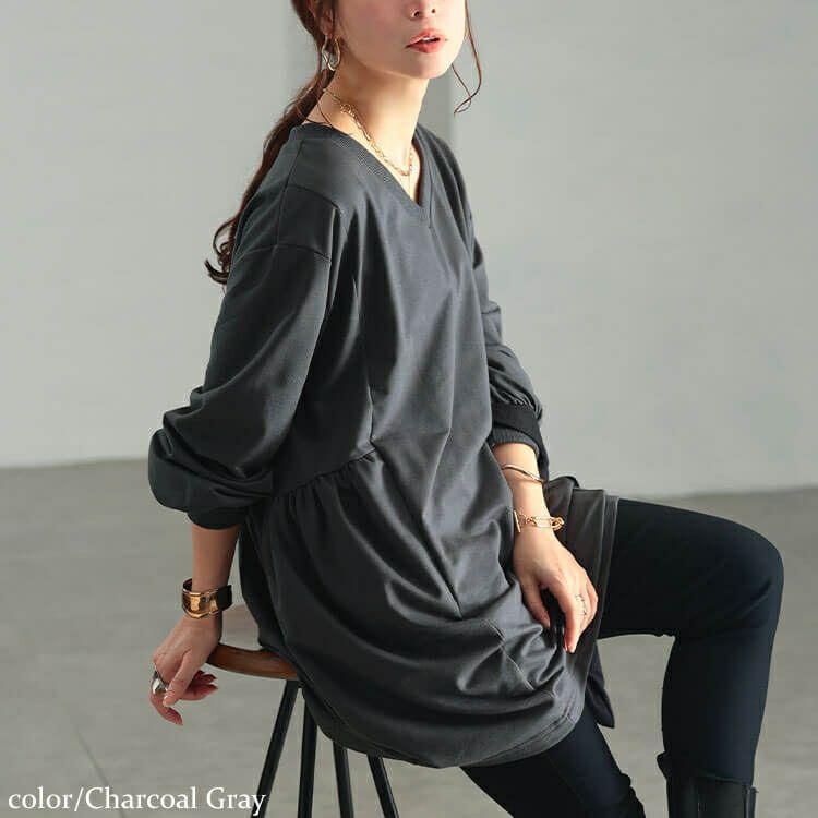 大きいサイズ レディース 脇ギャザー切り替えコクーンチュニック　bai-0191