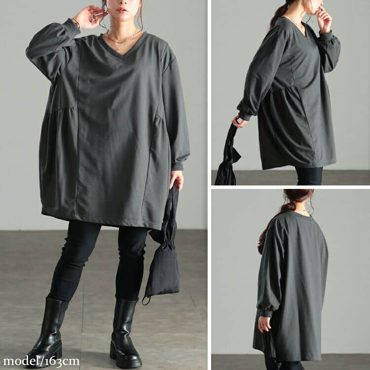 大きいサイズ レディース 脇ギャザー切り替えコクーンチュニック　bai-0191