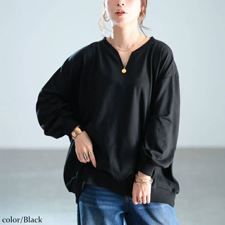 大きいサイズ レディース リブ切り替えキーネックプルオーバー　bai-0190