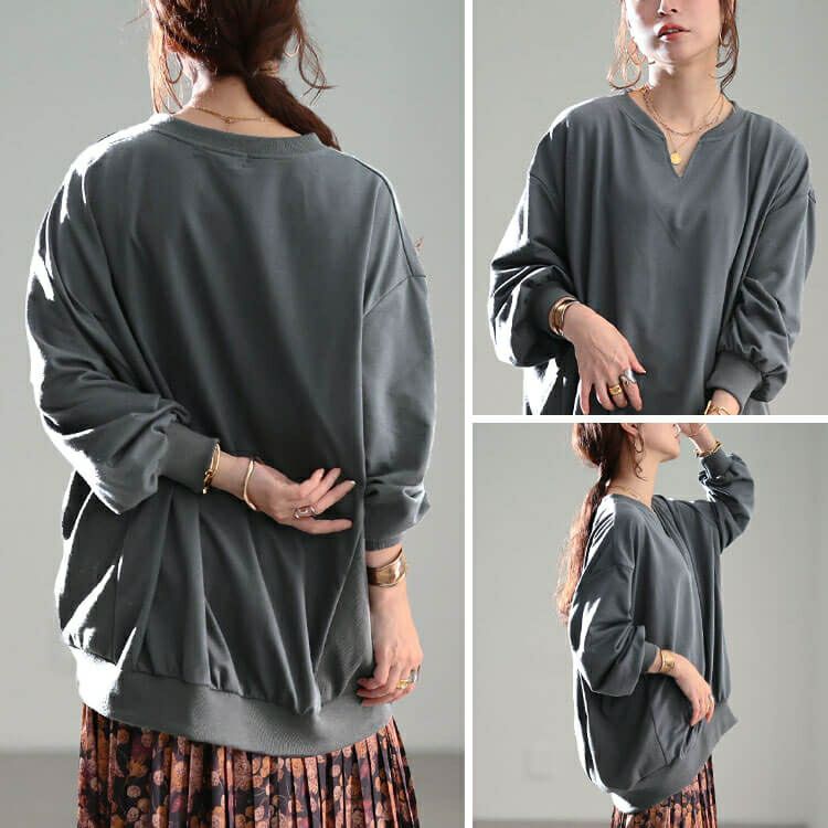 大きいサイズ レディース リブ切り替えキーネックプルオーバー　bai-0190