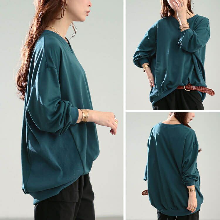 大きいサイズ レディース リブ切り替えキーネックプルオーバー　bai-0190