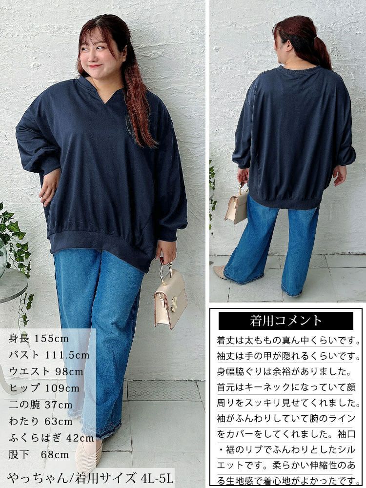 大きいサイズ レディース リブ切り替えキーネックプルオーバー　bai-0190