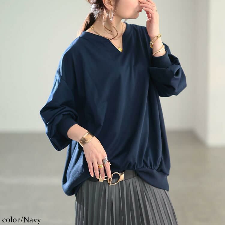 大きいサイズ レディース リブ切り替えキーネックプルオーバー　bai-0190 ネイビー