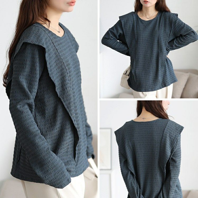 大きいサイズ レディース フリル切り替えシャーリングプルオーバー　jp562