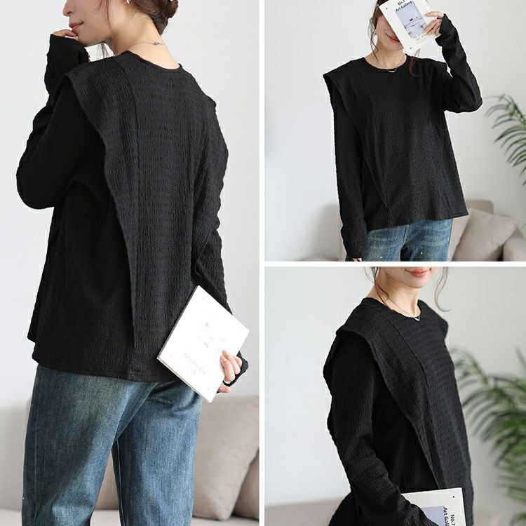 大きいサイズ レディース フリル切り替えシャーリングプルオーバー　jp562