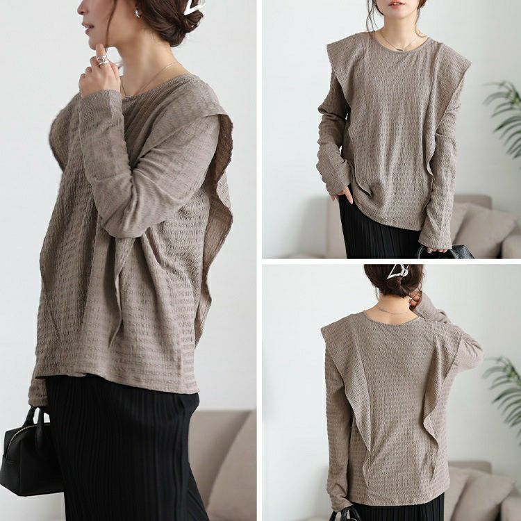 大きいサイズ レディース フリル切り替えシャーリングプルオーバー　jp562