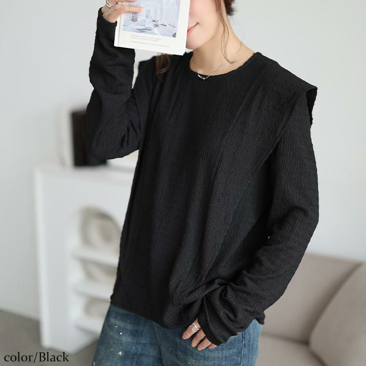 大きいサイズ レディース フリル切り替えシャーリングプルオーバー　jp562 ブラック