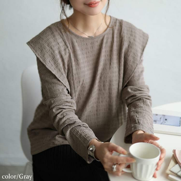 大きいサイズ レディース フリル切り替えシャーリングプルオーバー　jp562 グレー