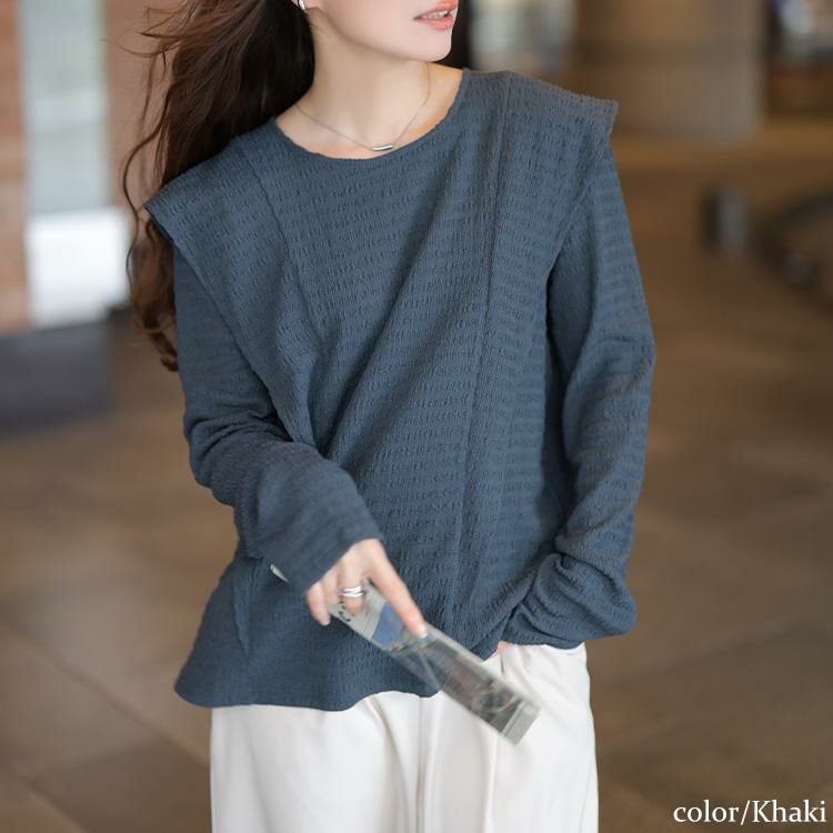 大きいサイズ レディース フリル切り替えシャーリングプルオーバー　jp562 カーキ