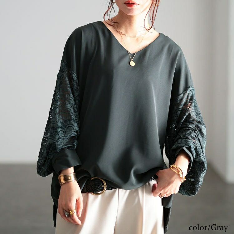 大きいサイズ レディース ペイズリーレース袖切り替えプルオーバー　jp561 【メール便可】