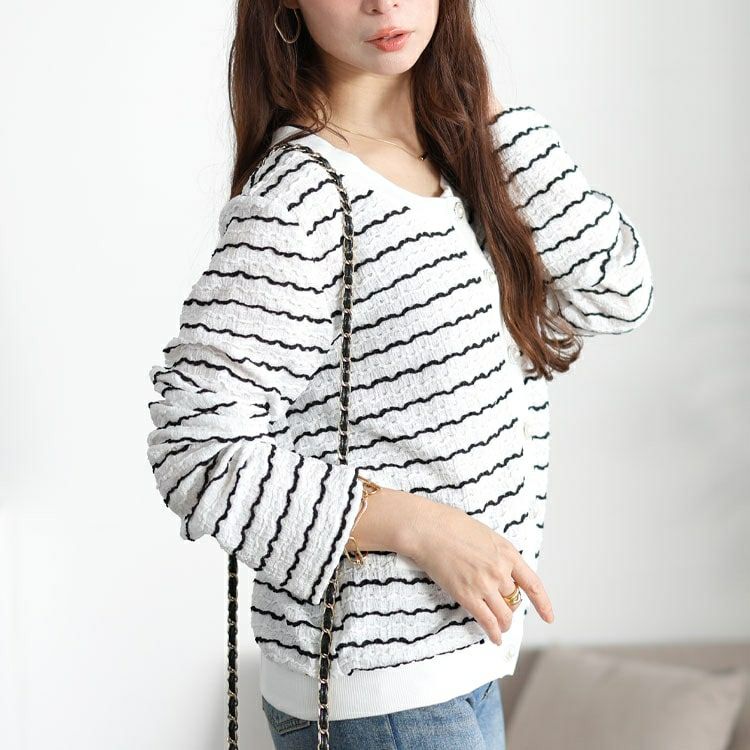 大きいサイズ レディース ウェーブボーダーパールボタンカーディガン　jp559