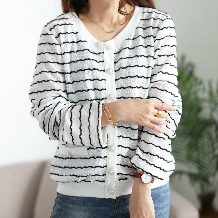 大きいサイズ レディース ウェーブボーダーパールボタンカーディガン　jp559 ホワイト