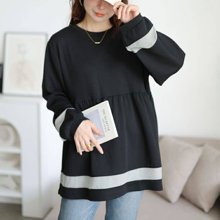 大きいサイズ レディース 配色異素材切り替えペプラムチュニック　cast-5556037 【メール便可】