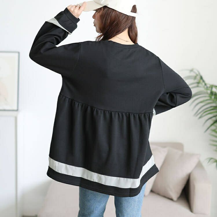 大きいサイズ レディース 配色異素材切り替えペプラムチュニック　cast-5556037 【メール便可】