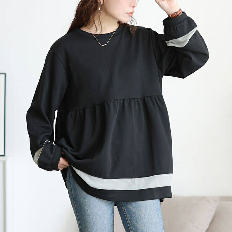 大きいサイズ レディース 配色異素材切り替えペプラムチュニック　cast-5556037 【メール便可】