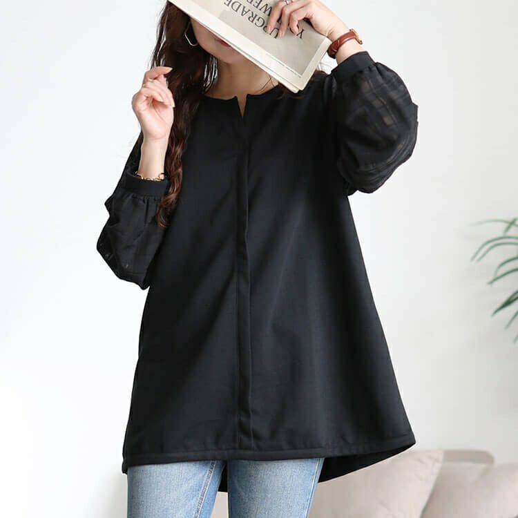 大きいサイズ レディース シアーチェック袖スキッパーチュニック　cast-5556036 【メール便可】