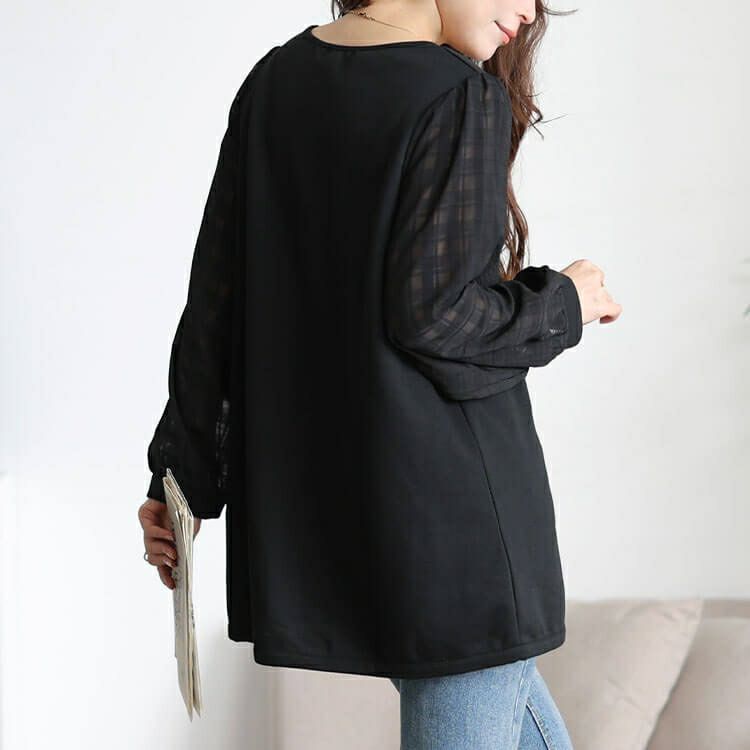 大きいサイズ レディース シアーチェック袖スキッパーチュニック　cast-5556036 【メール便可】