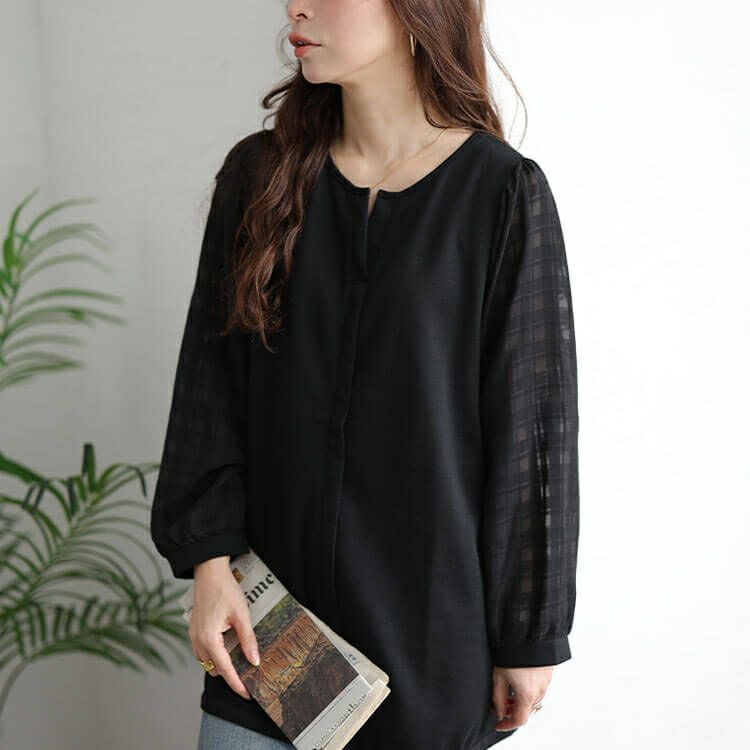 大きいサイズ レディース シアーチェック袖スキッパーチュニック　cast-5556036 【メール便可】