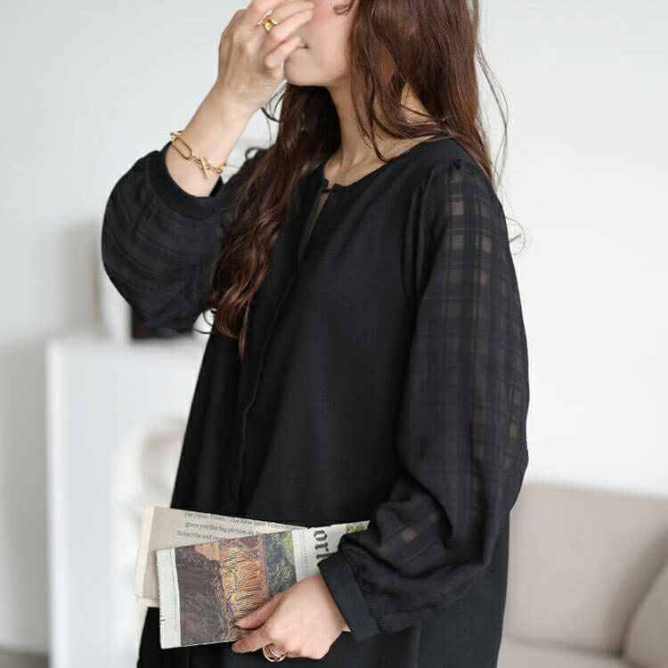 大きいサイズ レディース シアーチェック袖スキッパーチュニック　cast-5556036 【メール便可】
