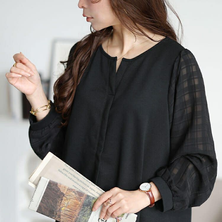 大きいサイズ レディース シアーチェック袖スキッパーチュニック　cast-5556036 【メール便可】