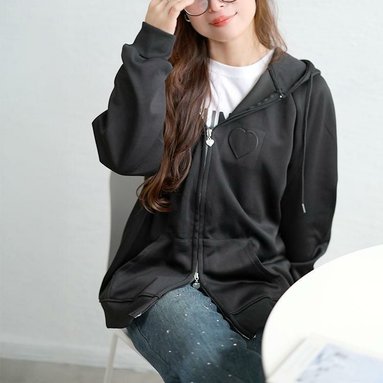 大きいサイズ レディース エンボスハート付きダブルジップパーカー
