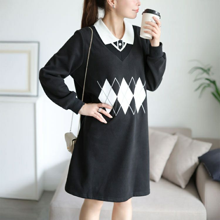 大きいサイズ レディース アーガイル柄レイヤード風ワンピース　goldy-1745